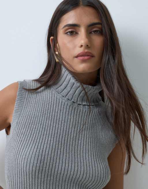 Aria Cove gebreide mini jurk met col en strikceintuur in grijs, 3 van 5
