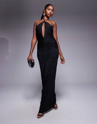 Aria Cove – Gerafftes Neckholder-Maxikleid in Schwarz mit Cut-out vorn - view 1