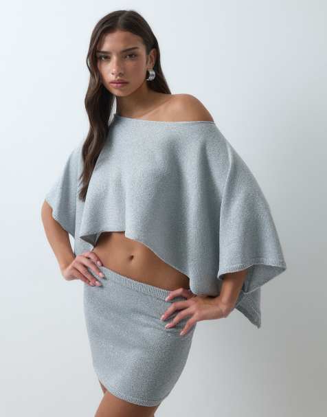 Aria Cove glitter knit off shoulder poncho top and flitter knit mini skirt co-ord in silver - view 1