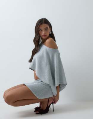 Aria Cove Glitter Knit Off Shoulder Poncho Top Co-ord In Silver