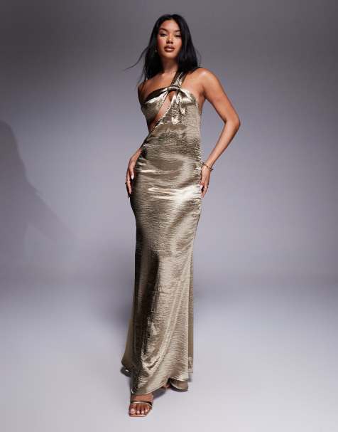 Aria Cove – Goldfarbenes Maxikleid aus gehämmertem Satin mit One-Shoulder-Träger, Rückenausschnitt und Schwalbenschwanz-Saum - view 1
