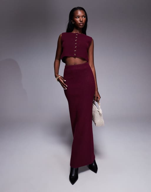 Aria Cove - Gonna lunga a vita alta in maglia bordeaux a coste con spacco sul retro in coordinato