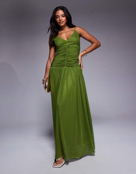Aria Cove - Grøn maxikjole i chiffon med V-hals og lavtsiddende plisseret talje - view 1