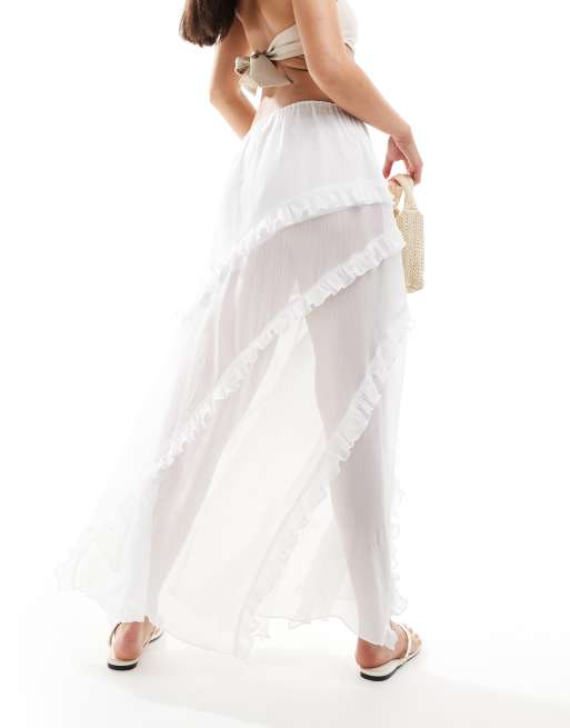 Aria Cove – Halbtransparenter Maxi-Strandrock aus Chiffon in Weiß mit Rüschenbesatz, 2 von 6