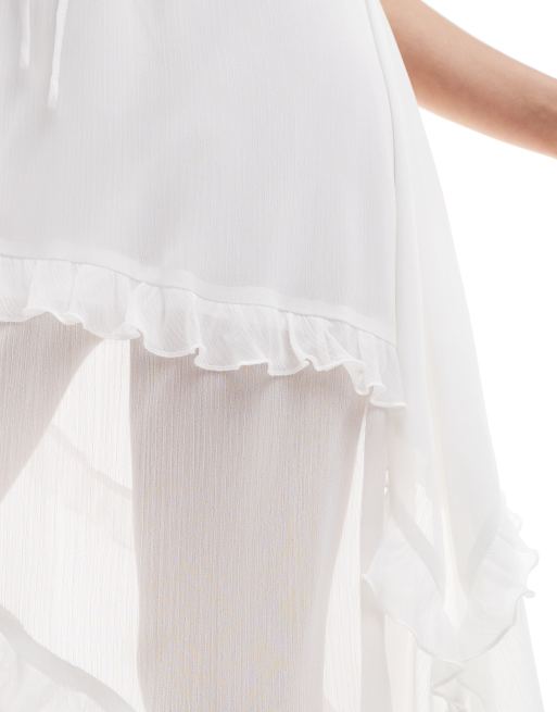 Aria Cove - Halfdoorschijnende maxi strandrok van chiffon met ruche-randen in wit, 3 van 6