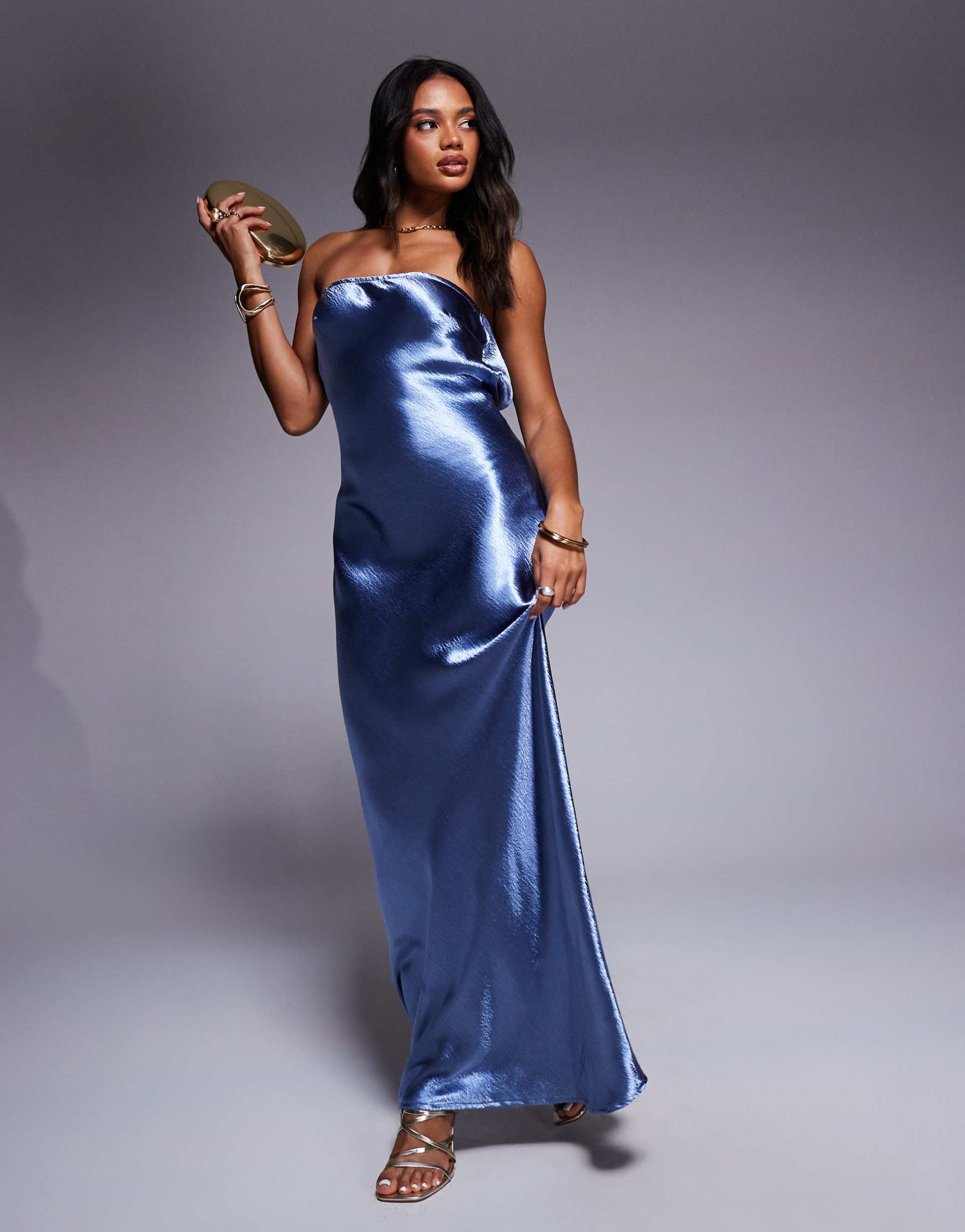 aria cove hammered satin bandeau open back maxi dress in blue