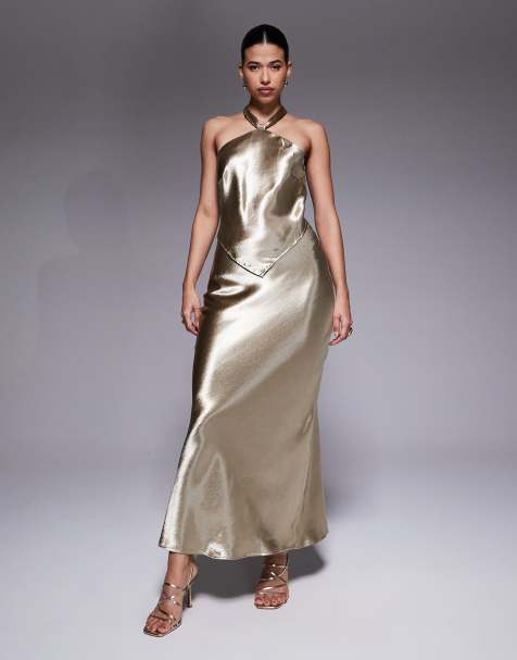 Aria Cove hammered satin knot front halterneck scarf hem detail maxi dress in gold