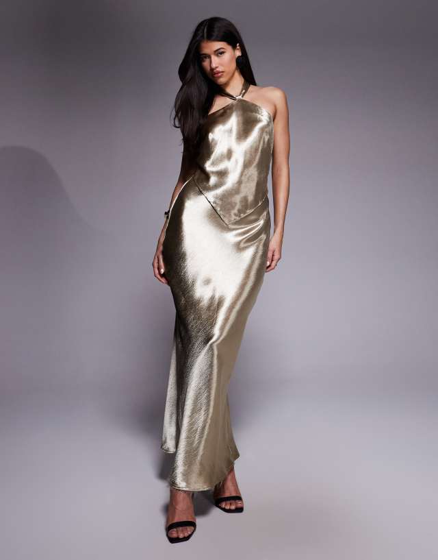aria cove gold dress hammered satin knot front halterneck scarf hem detail maxi in model-phoebe
