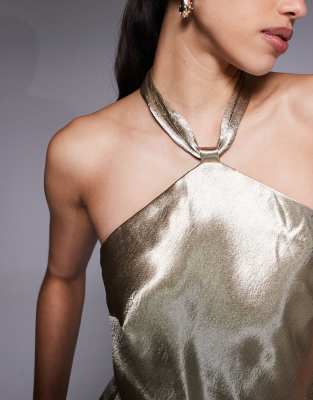 Aria Cove Hammered Satin Knot Front Halterneck Scarf Hem Detail Maxi Dress In Gray