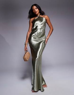 aria cove hammered satin knot front halterneck scarf hem detail maxi dress in green