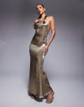 [Aria Cove] Aria Cove hammered satin one shoulder open back fishtail maxi dress in gold 16 GOLD