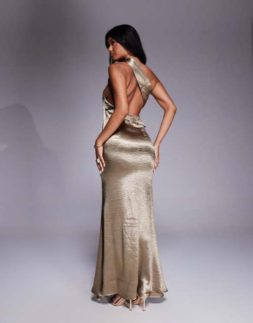 Aria Cove hammered satin one shoulder open back fishtail maxi dress in gold  | ASOS