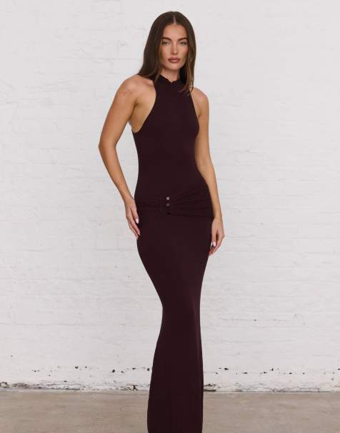 Aria Cove high neck belt detail maxi dress in chocolate - view 1