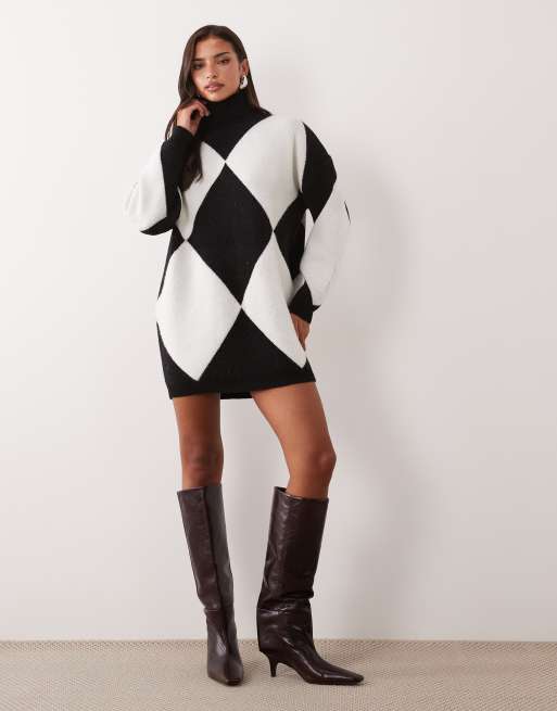 Aria Cove high neck diamond check knitted mini dress in black and white, 2 of 4