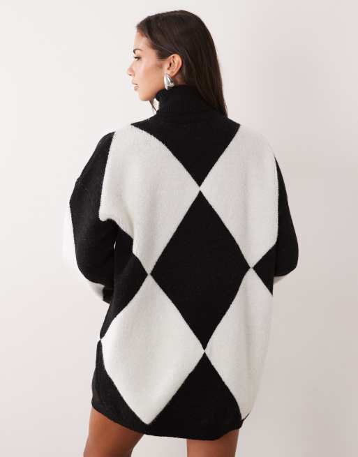Aria Cove high neck diamond check knitted mini dress in black and white, 4 of 4