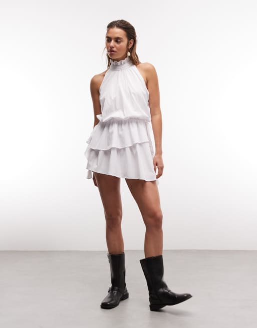 aria tiered ruffle mini dress Aria Cove high neck frill detail tiered drape detail mini dress in white