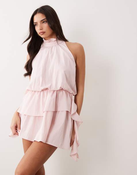 Aria Cove high neck frill detailing tiered mini dress in baby pink - view 1