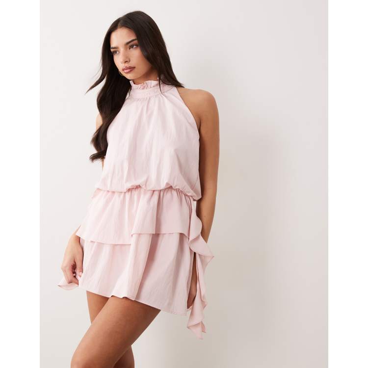 Aria Cove high neck frill detailing tiered mini dress in baby pink