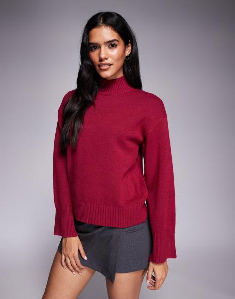 Aria Cove high neck oversized sleeve jumper in burgundy