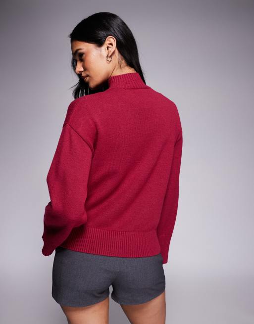 Aria Cove high neck oversized sleeve jumper in burgundy, 4 of 4