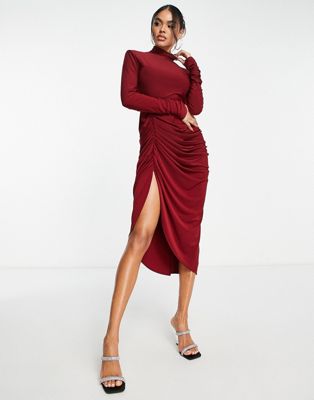 Aria Cove high neck ruched midi dress with thigh split in red - ASOS Price Checker