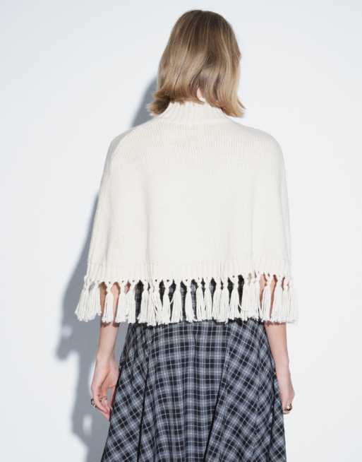 Aria Cove high neck tassel hem knitted poncho top in cream, 3 of 4