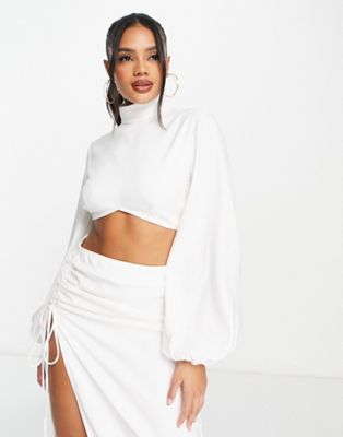 Aria Cove high neck volume sleeve cropped top co-ord in white