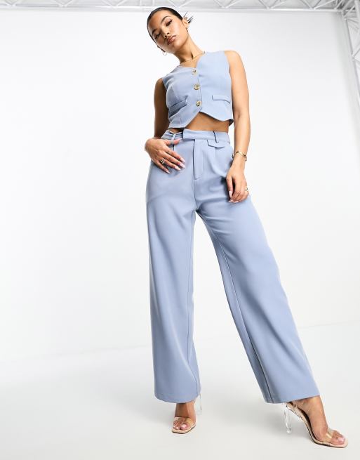 Sky-Blue Casual 3-Piece Suit With Straight Leg Trousers And Top