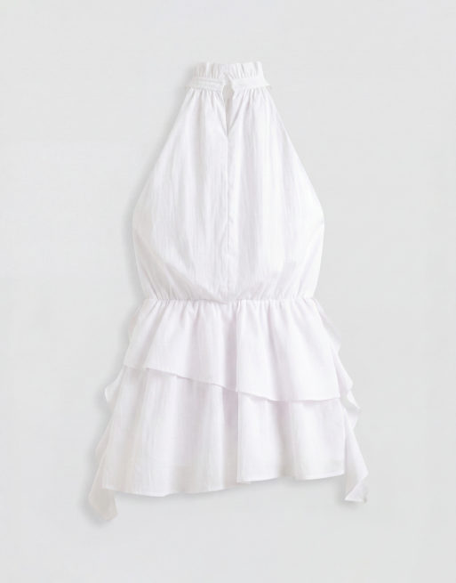 Aria Cove - Hoogsluitende mini jurk met ruches, stroken en gedrapeerd detail in wit, 6 van 8