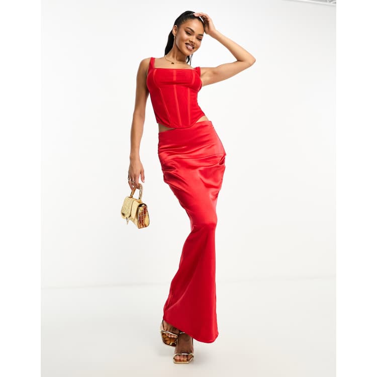 Aria Cove Jupe longue d ensemble pres du corps a ourlet plongeant Rouge RcjShops