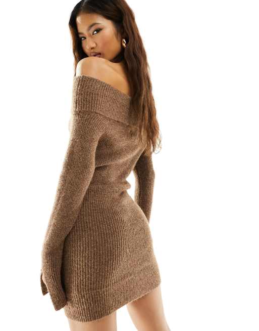 Aria Cove Knit Bardot Mini Dress in mocha Brown