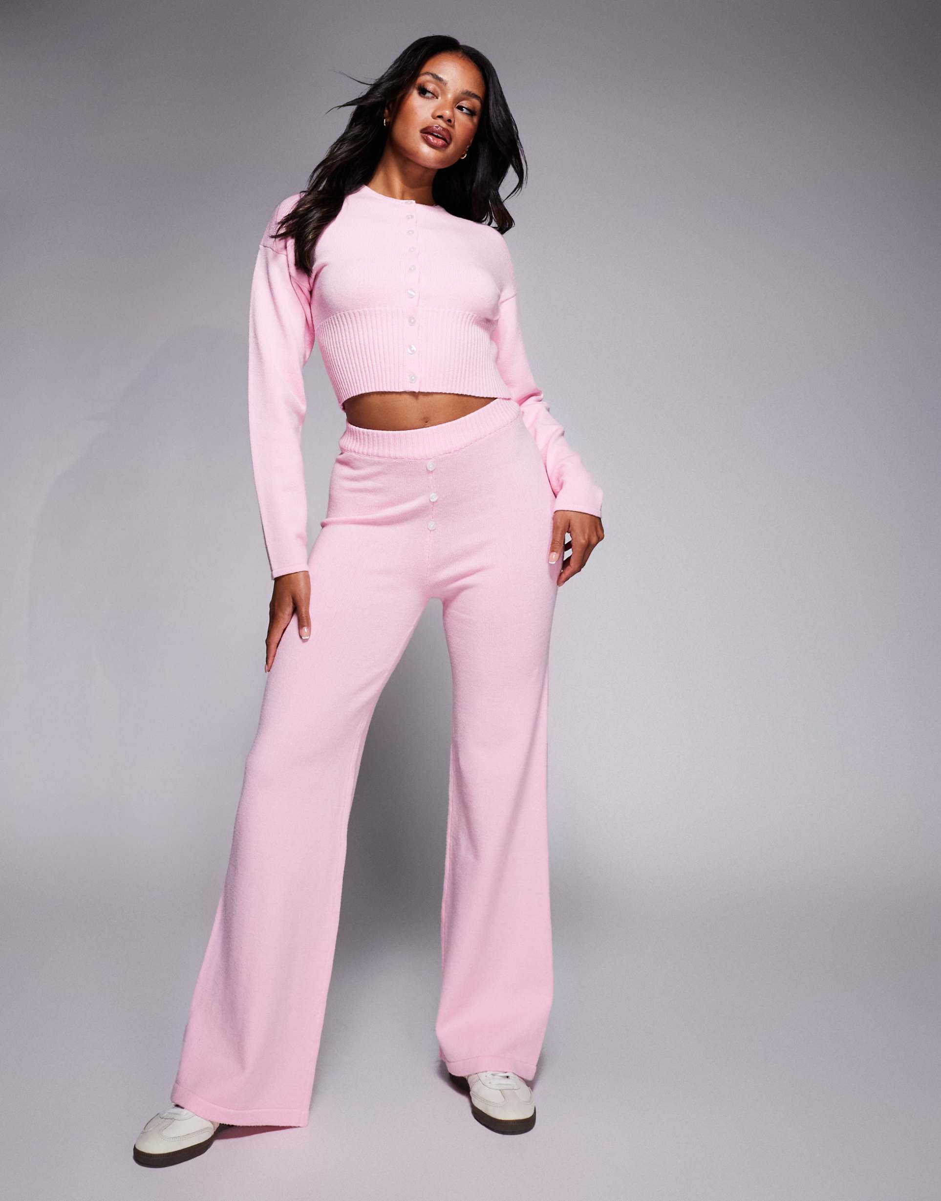 aria cove knit boxer style button detail wide leg pants in pink - part of a set