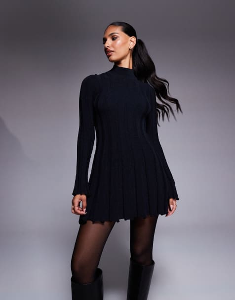 Aria Cove knit high neck wide ribbed pleat hem mini dress in black - view 1