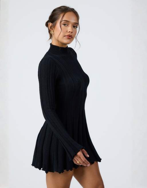 black ribbed high neck mini dress Black Ribbed Turtle Neck Short Dress