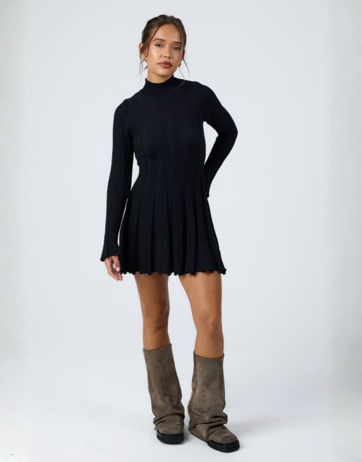 Aria Cove knit high neck wide ribbed pleat hem mini dress in Black