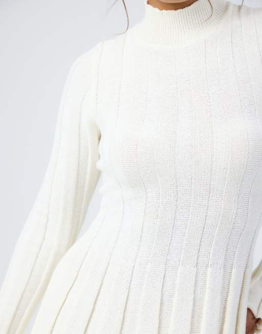 Aria Cove knit high neck wide ribbed pleated hem mini dress in cream