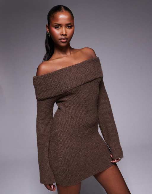 Aria Cove knit off the shoulder mini sweater dress in brown