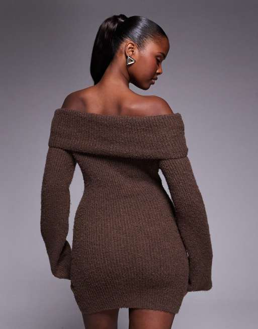 Aria Cove knit off the shoulder mini sweater dress in brown