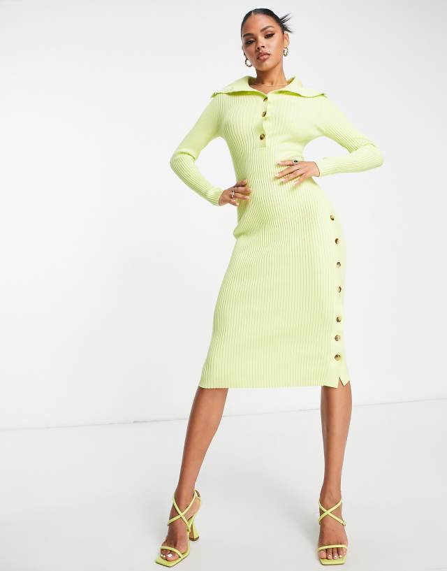 Aria Cove knit ribbed button detail midi sweater dress in lime