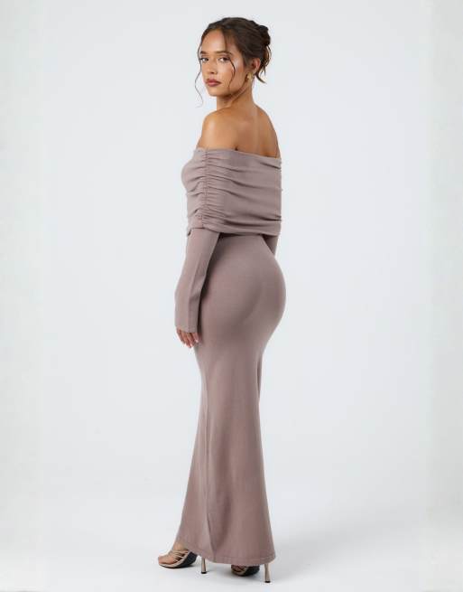 Aria Cove knit ruched deep bardot maxi dress in mocha, 3 of 4