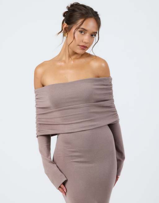 Aria Cove knit ruched deep bardot maxi dress in mocha, 4 of 4