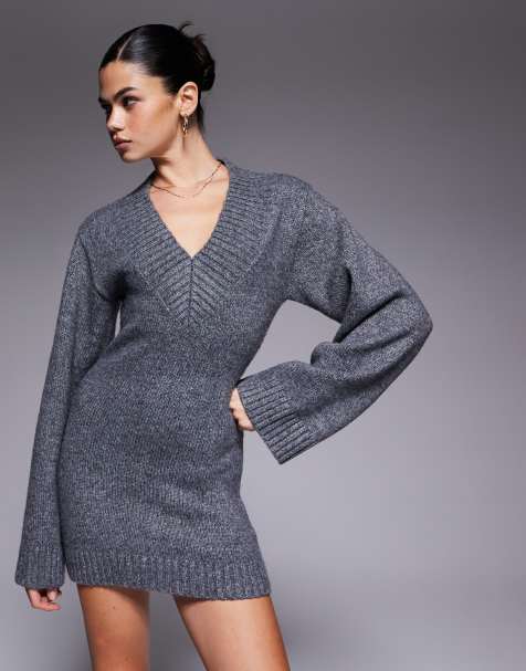 Aria Cove knit v neck wide sleeve mini sweater dress in charcoal - view 1