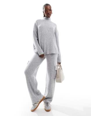 knit wide leg cargo pocket detail pants in light gray - part of a set