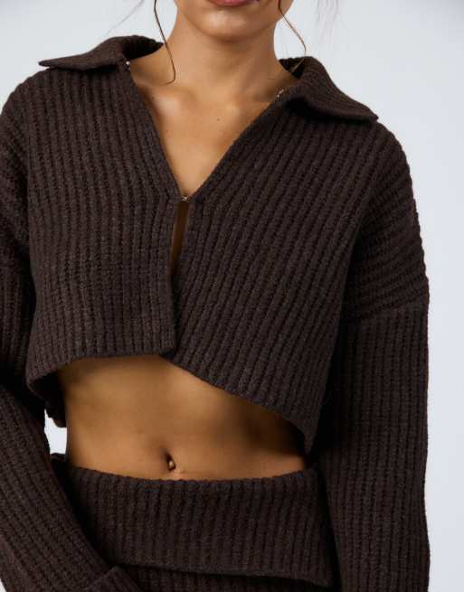 Aria Cove knit wide ribbed collared clasp front cardigan in chocolate - part of a set, 2 of 4