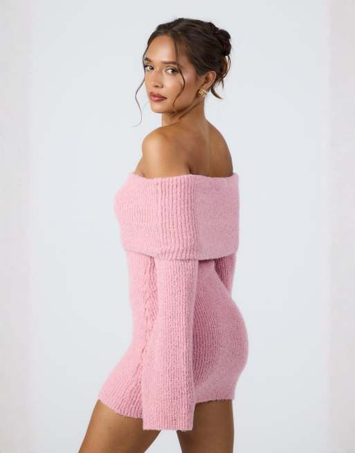 Aria Cove knitted bardot mini jumper dress in pink ASOS