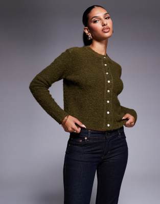 Aria Cove Aria Cove knitted boucle button through cardigan in khaki-Green