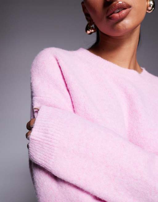 Aria Cove knitted crew neck ribbed cuff jumper in pink, 2 of 4