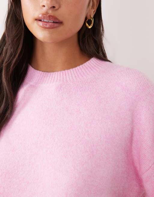 Aria Cove knitted crew neck ribbed cuff jumper in pink, 2 of 4