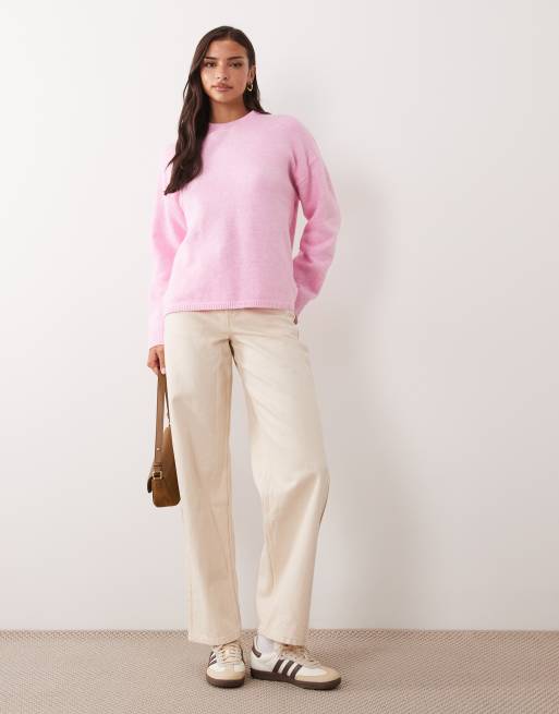 Aria Cove knitted crew neck ribbed cuff jumper in pink, 3 of 4