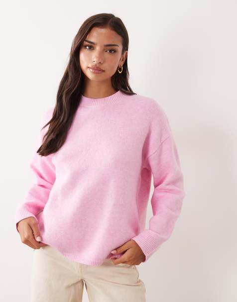 Aria Cove knitted crew neck ribbed cuff sweater in pink - view 1